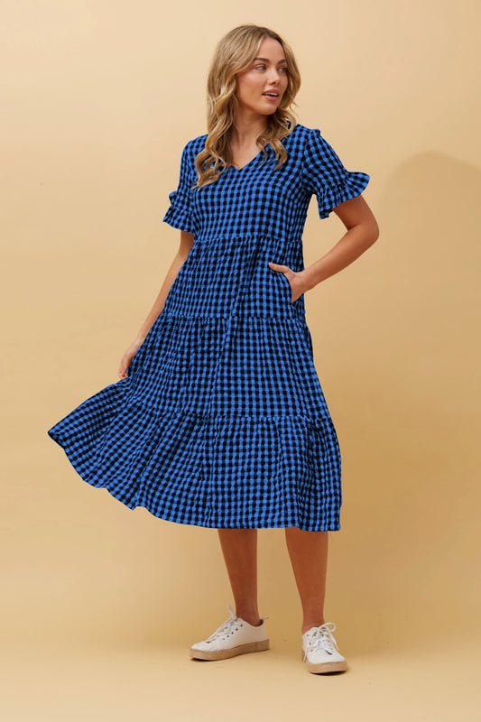 Cotton Gingham Blue Chex Long Dress