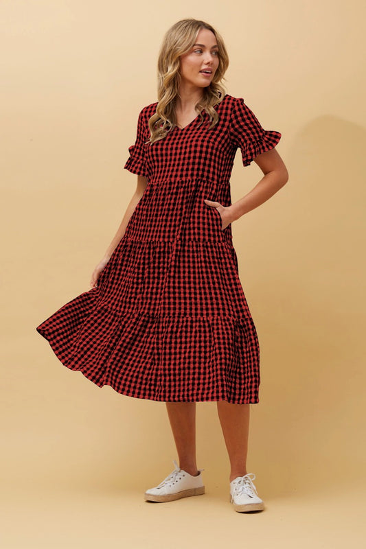 Cotton Gingham Red Chex Long Dress